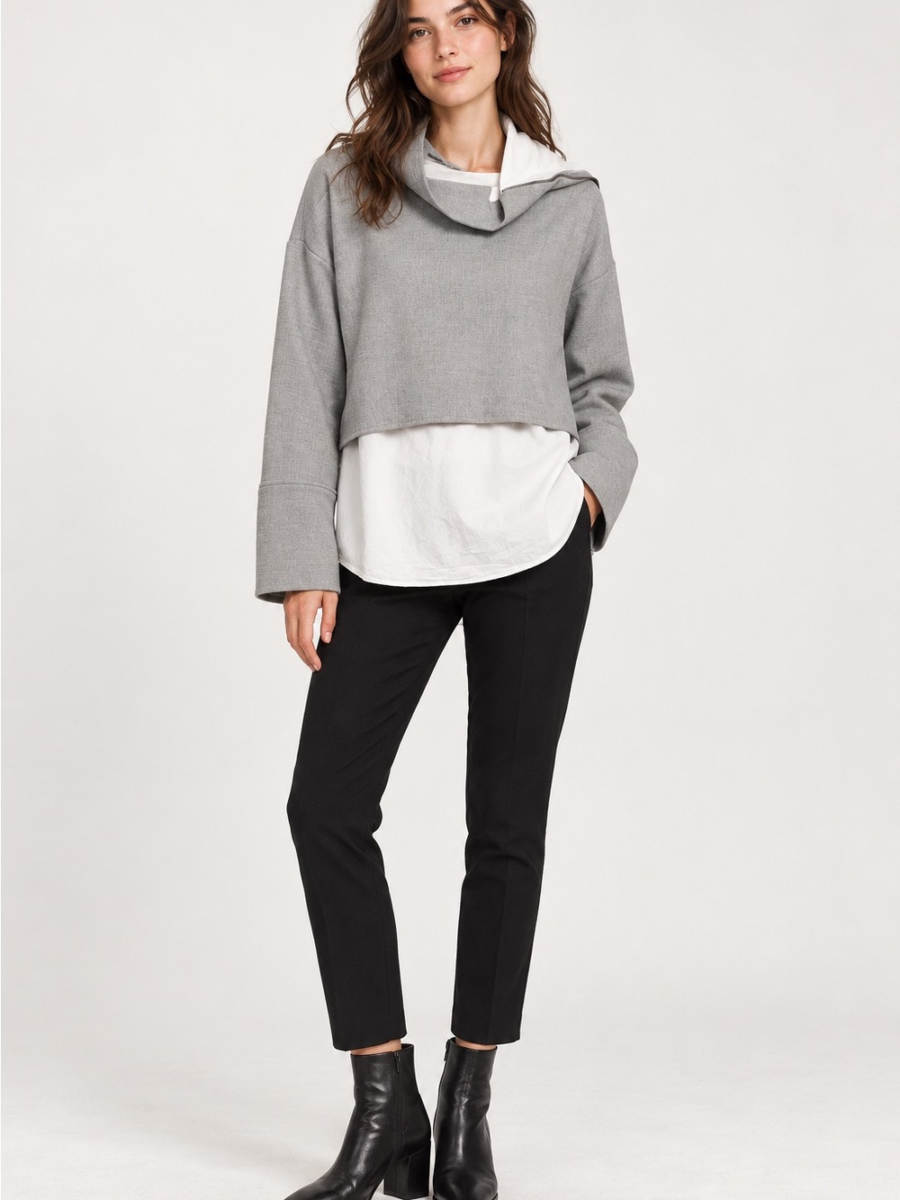Zara trafaluc Gray Cropped mock neck zipper layered blouse